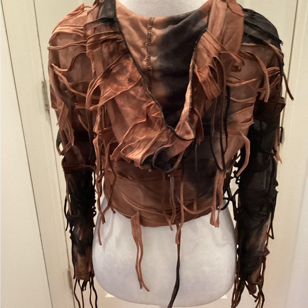 Tie-Dye Brown & Black Hooded Mesh Tassel Jacket - Picture 2 of 6